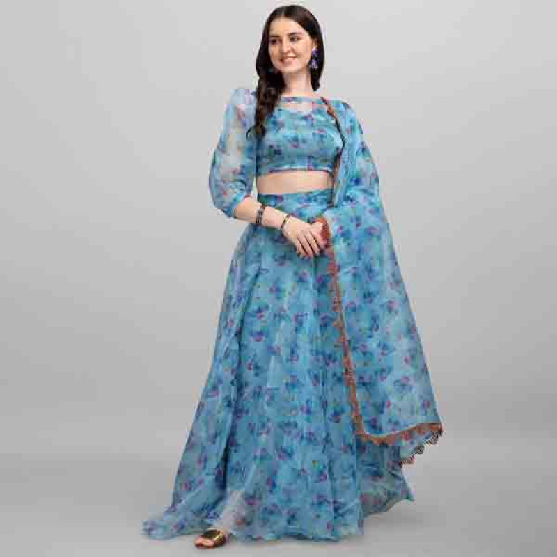 Blue Organza Flared Lehenga