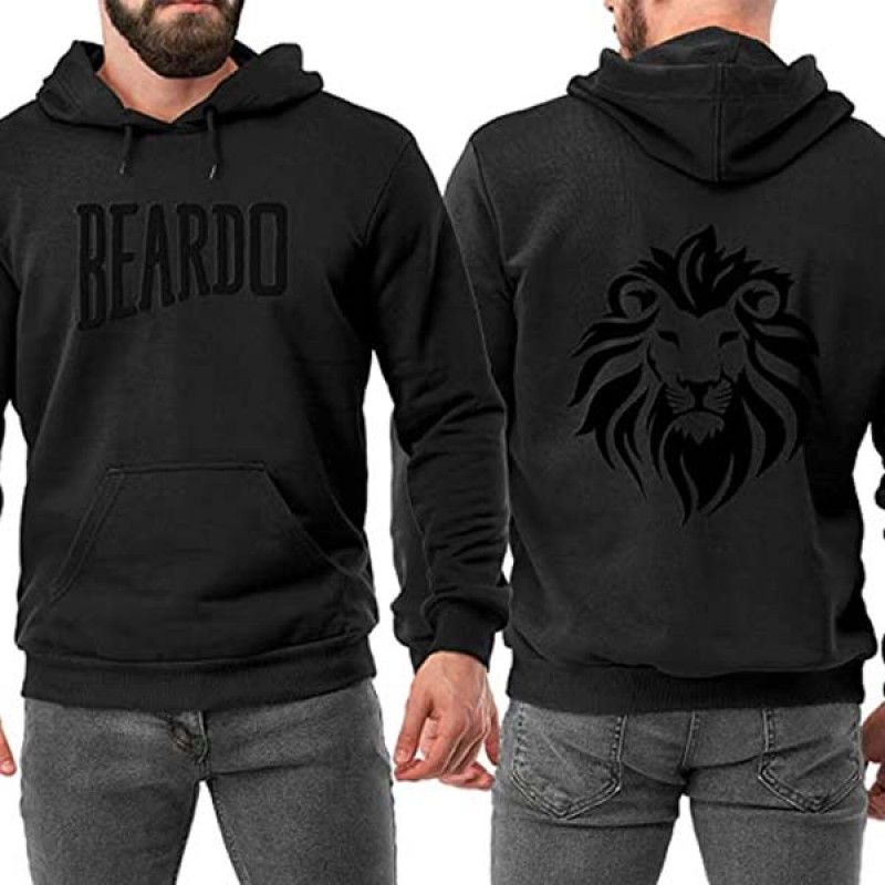 Beardo Solid Black Hoodie with Lion Print for Men