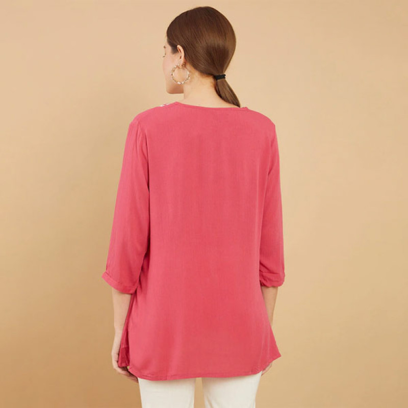 Pink & White Viscose Rayon Embroidered Tunic